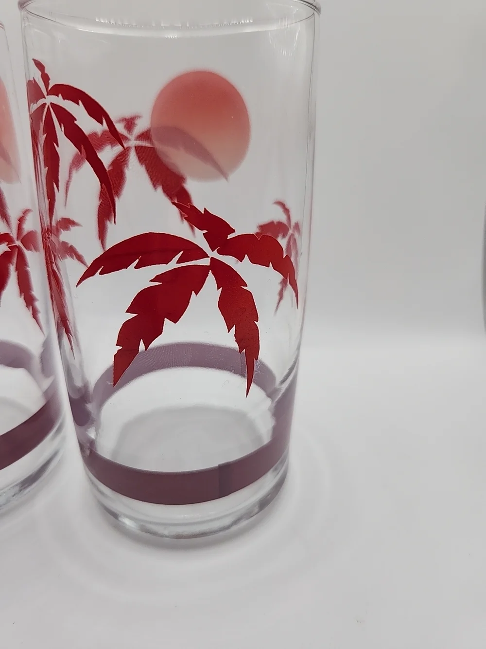 Clear Glass Tumbler Set with Red Palm Sunset Design‎ vintage